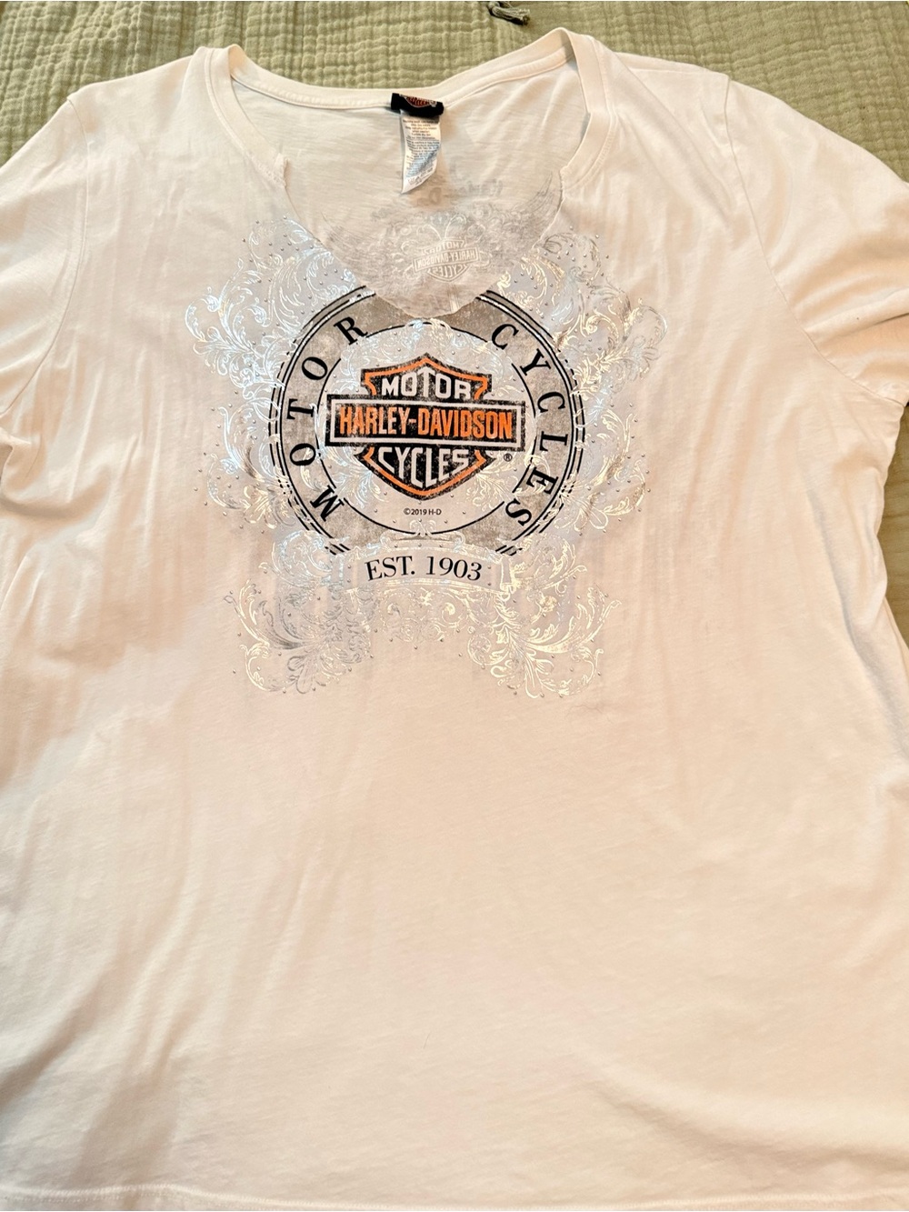 Harley-Davidson White Tee with Orange & Black Shield Logo